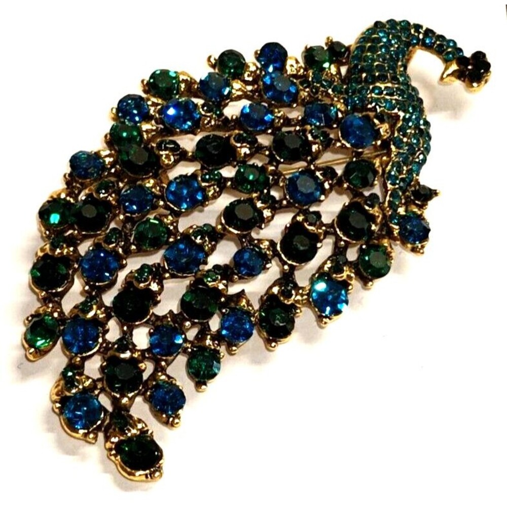 Unsigned New Costume Blue/Green Rhinestone Gold Toned Brooch Peacock Stunning 3"